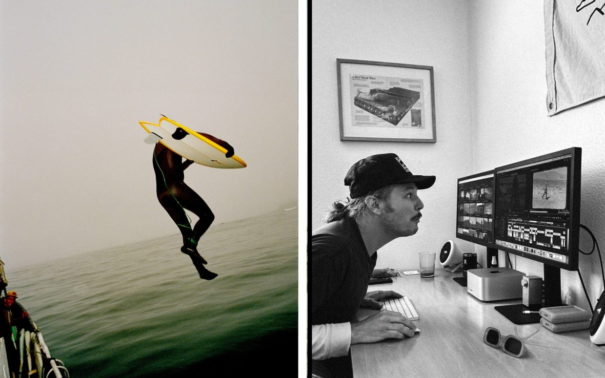 Left: Surfer holds board and jumps from boat' Right: Man sits in front of a computer editing film