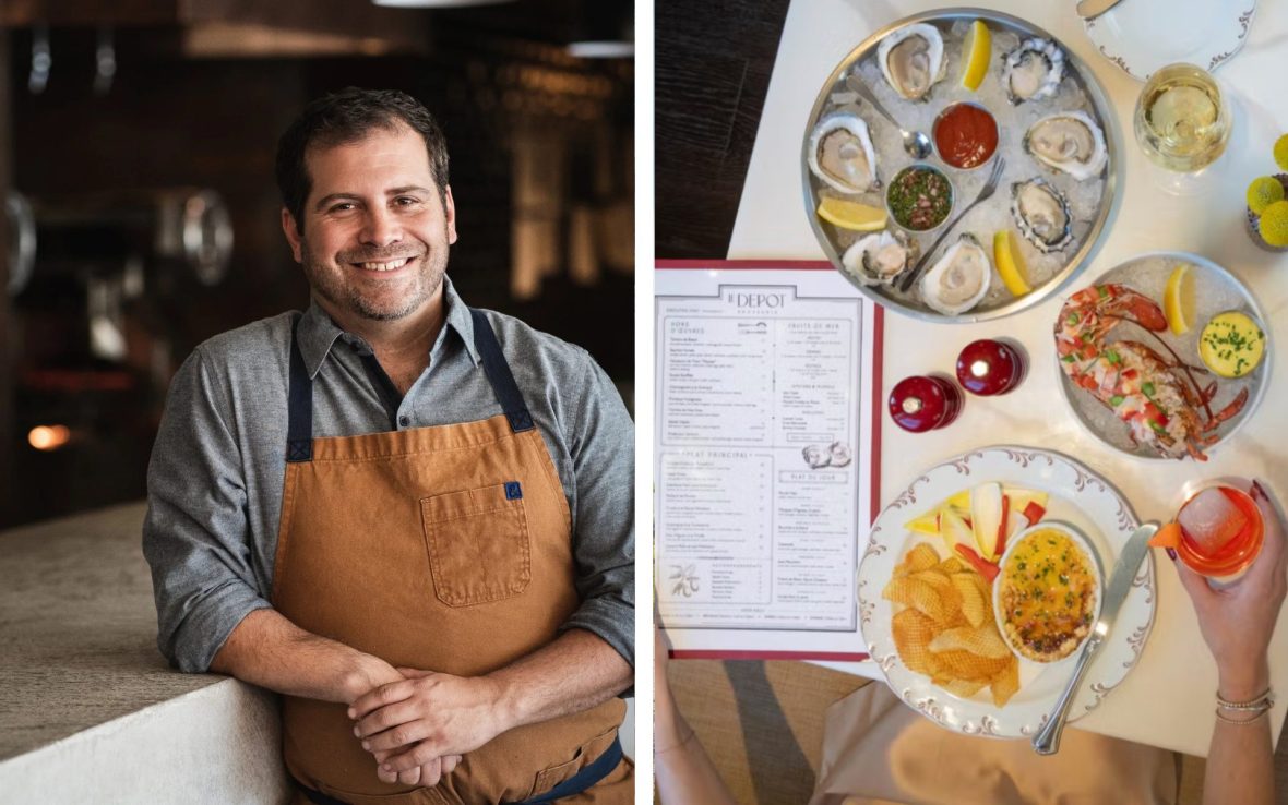 Left: Male chef smiles; Right: A table laden with oysters and lobster tail.