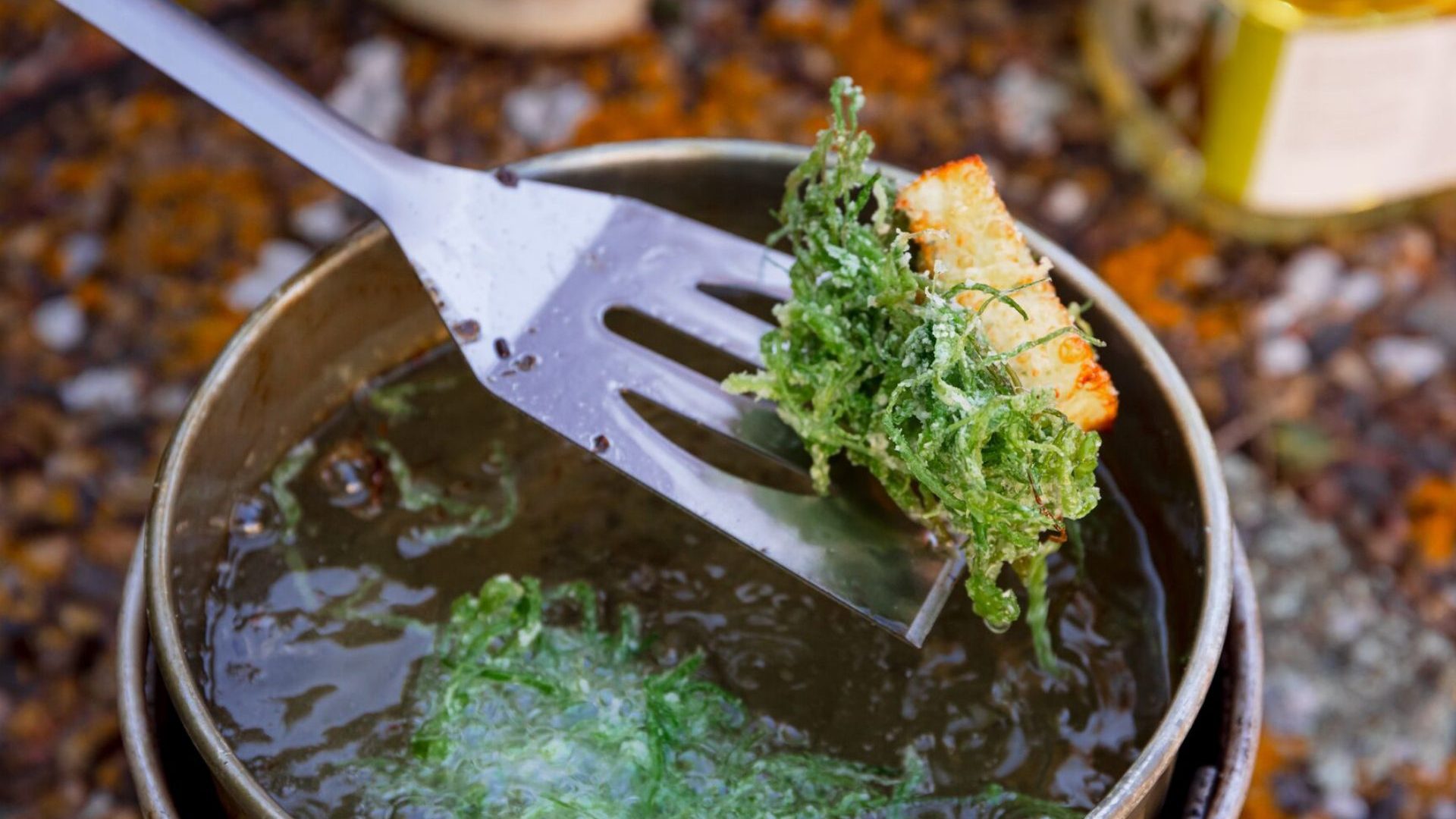 Fork dips into a bowl with green seaweed