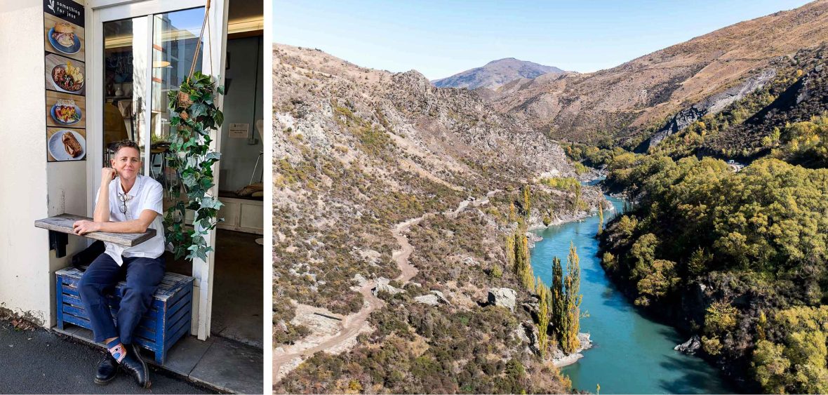 Left: A woman sits at a cafe table. Right: A trail runs through barren hills that drop down to a blue river in a gorge.