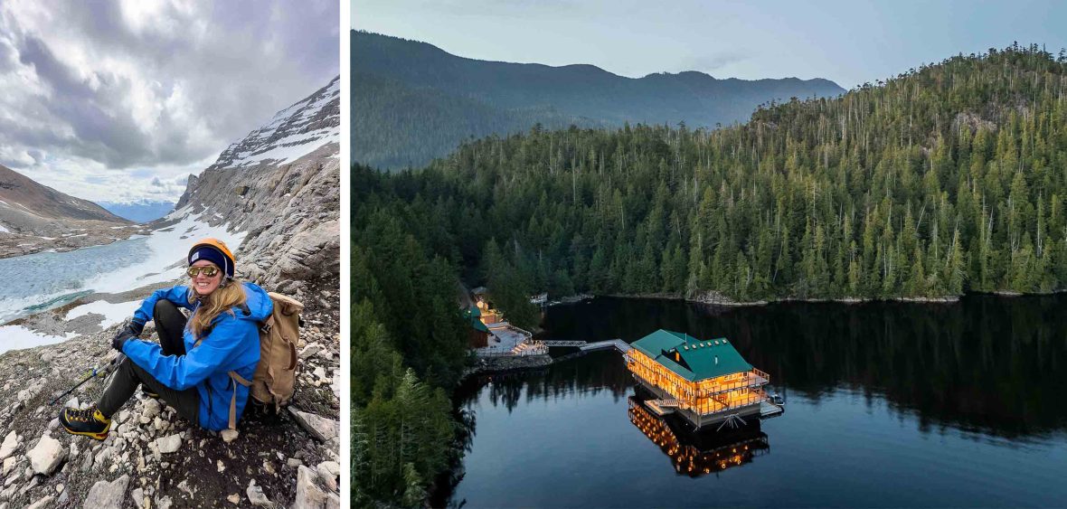 Left: A woman sits on a snow covered hill overlooking a lake. Right: An aerial view of a lodge amongst forests.