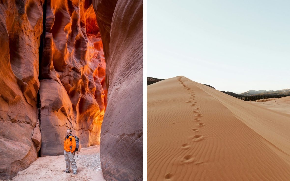 Left: Man wearing orange jacket stands in red rock canyon; Right: Sand dune sunder pale blue sky