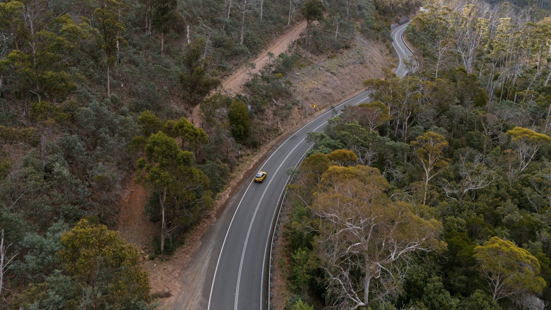An aerial view of a road in the Tasmanian bush