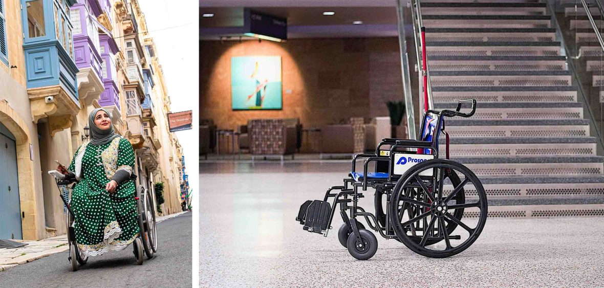 Left: A woman in a wheelchair in a street with colored balconies. Right: A wheelchair on its own at the base of some stairs in an airport.
