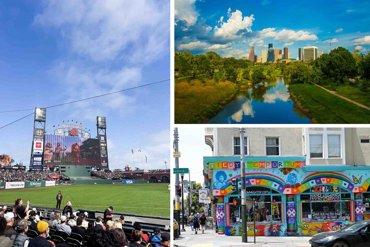 Left: A baseball pitch Top: A river leads toward city buildings. Bottom: A colourful shopfront in a busy street.