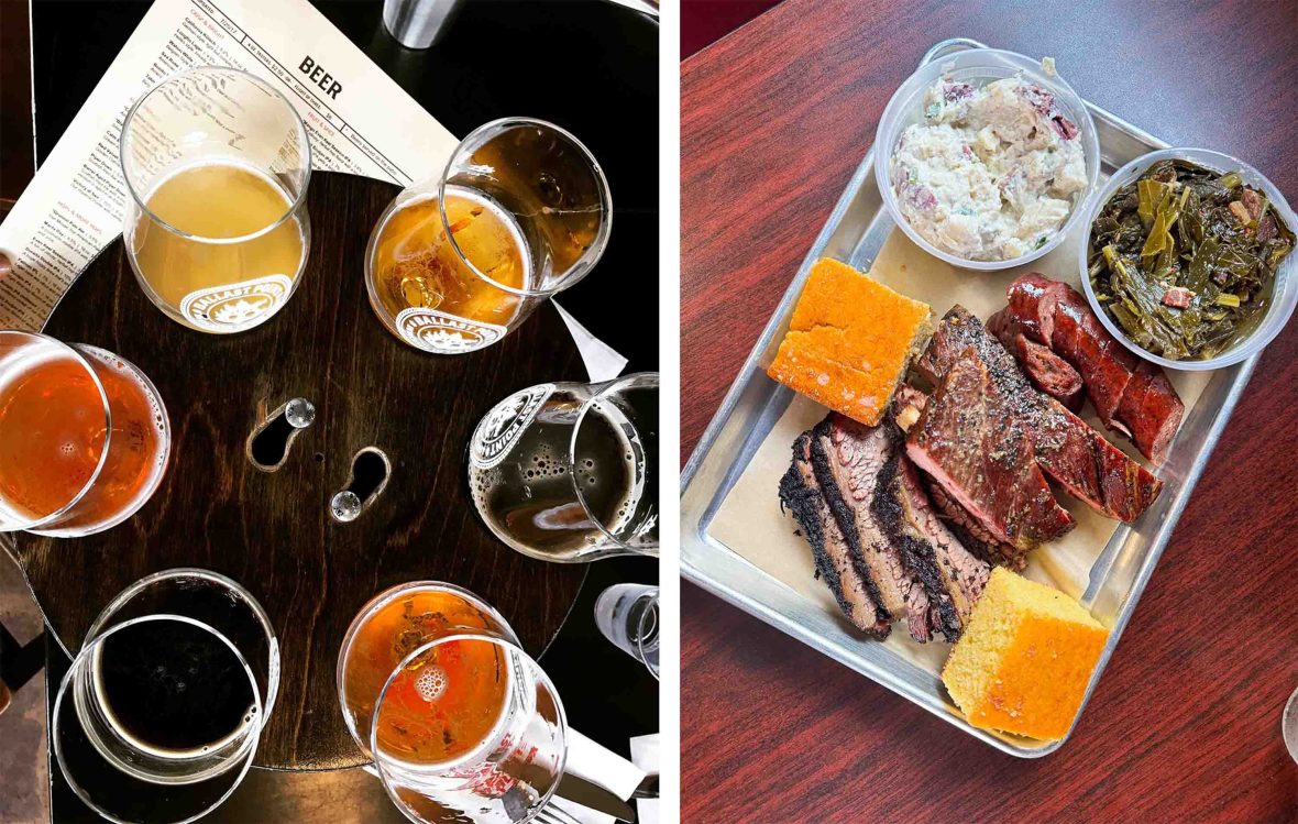 Left: A tray of beers. Right: A tray with meat, slaw and bread.