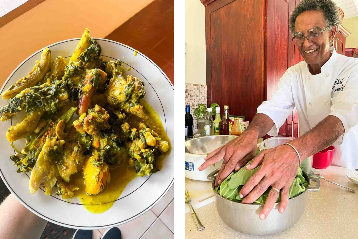 Left: A yellow toned dish made with meat and vegetables on a white plate. Right: A man in a chef jacket has his hands in a bowl of leafy greens.