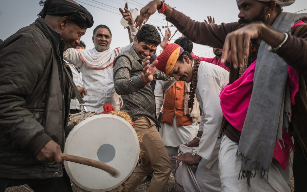 A group of devotional drummers and dancers