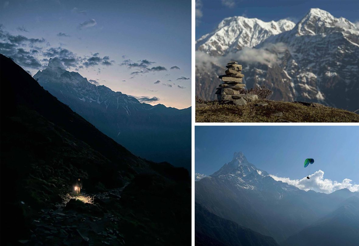 Left: A person in the dark uses a light to shine on a narrow path. Top: A cairn in front of a tall mountain. Bottom: A paraglider goes past mountains.