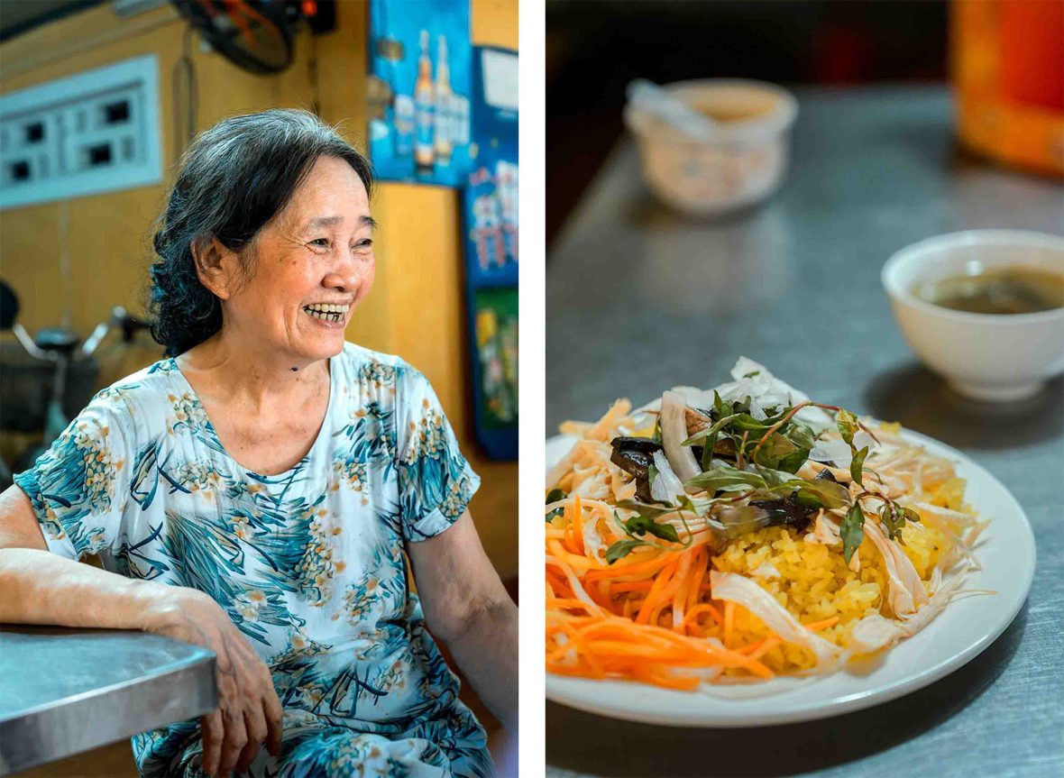 Left: A woman smiles as she looks away from camera. Right: A plate of chicken, rice and garnish.
