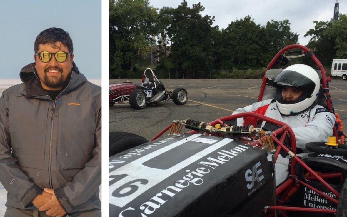 Two photos of the interviewee, Len Necefer. Left, Necefer wears a brown Patagonia jacket and yellow-tinted sunglasses. Right, Necefer sits in an early electric vehicle, back in 2014, wearing a helmet and full-body protective gear. The car is long and narrow with no roof over the driver's seat.