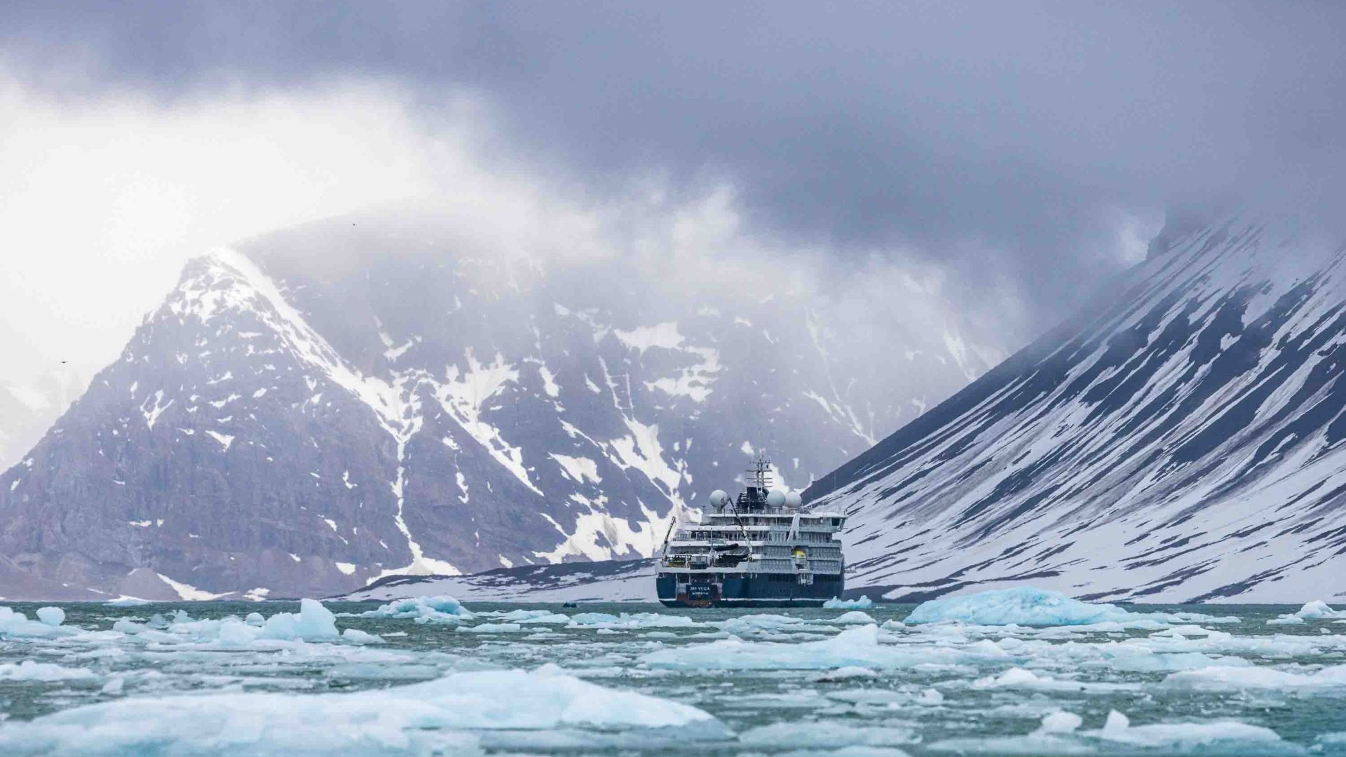 A cruise ship navigates through icebergs.