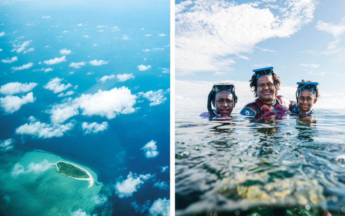 Left: Aerial view of Torres Strait islands; Right: A family wearing diving gear smile at camera from the water