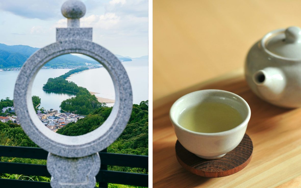 Left: View through a circular object of green sandbar; Right: Green tea in white cup