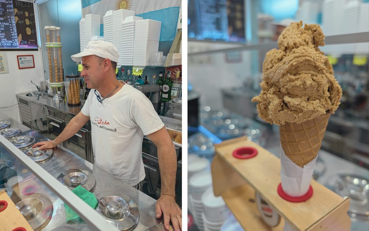 Left: Man wearing white stands behinds ice cream counter; Right: Caramel-colored icecream in a waffle cone
