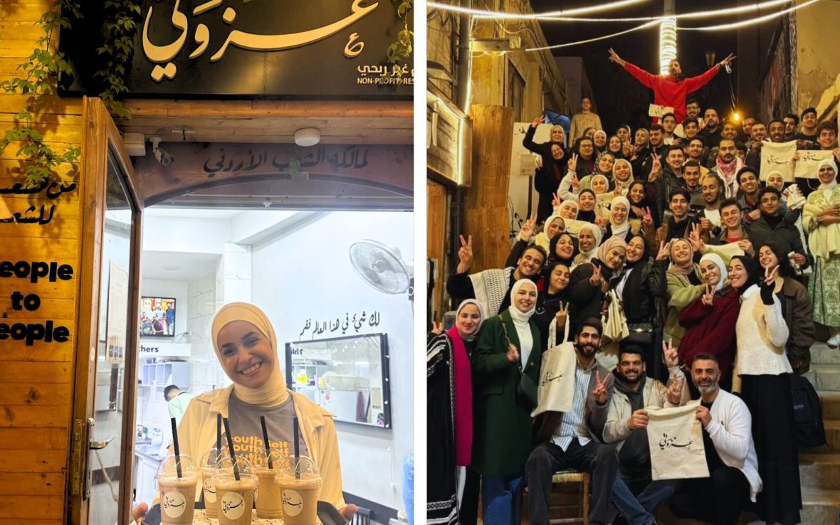 Left: Woman holds a tray of iced drinks and smiles; Right: A group of celebrating volunteers line staircase holding 'Ezwitti' signs.