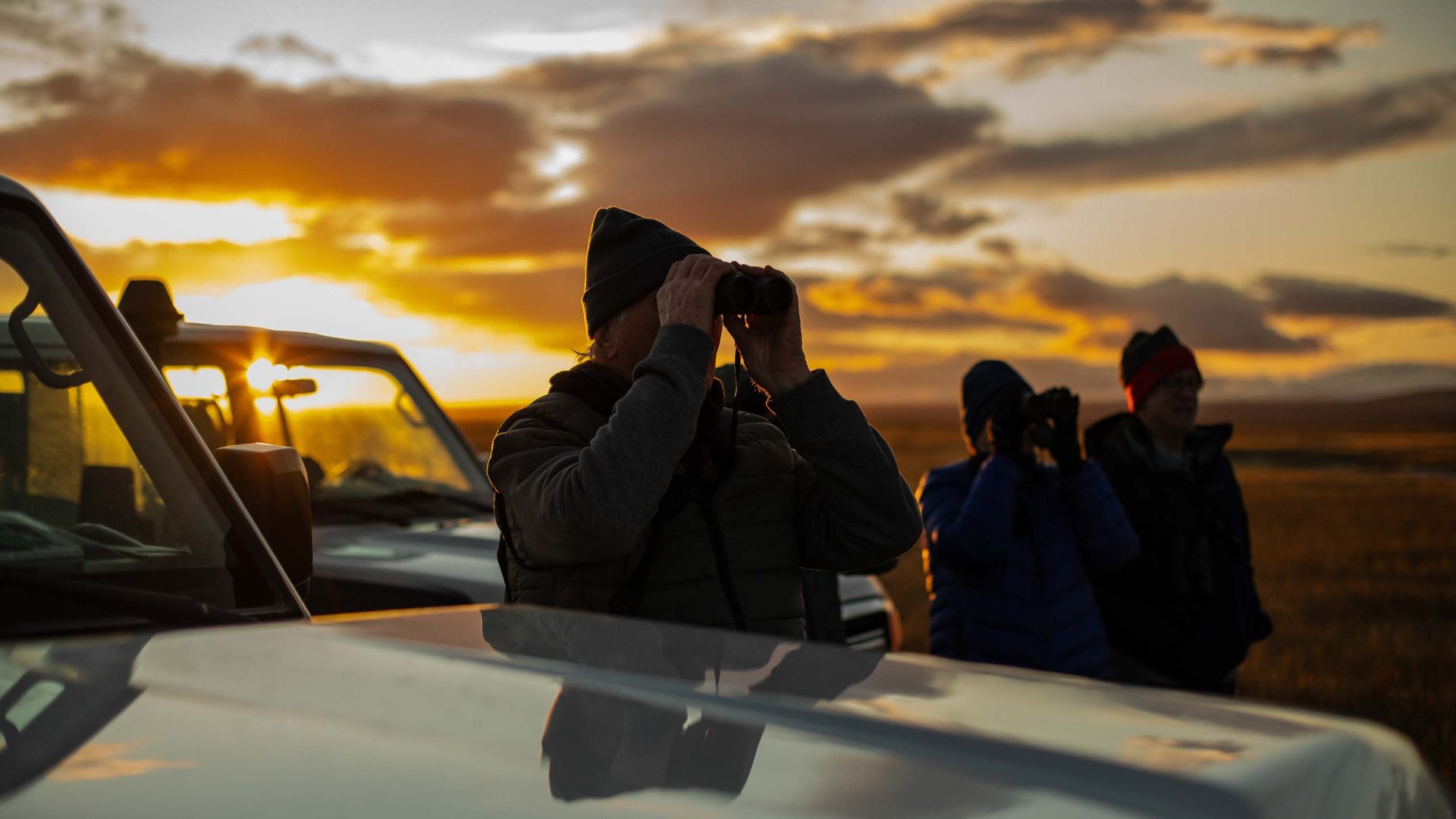 People stand by vehicles in the near dark, looking through binoculars.