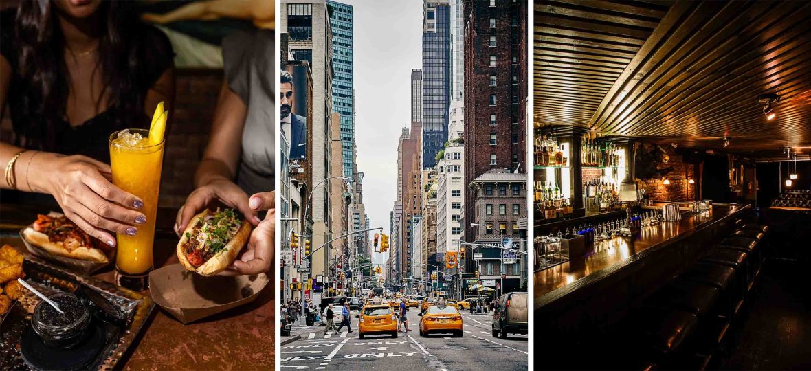 Left: hands hold a drink and some food. Middle: Yellow taxis drive down a New York avenue. Right: The dark interior of a bar.