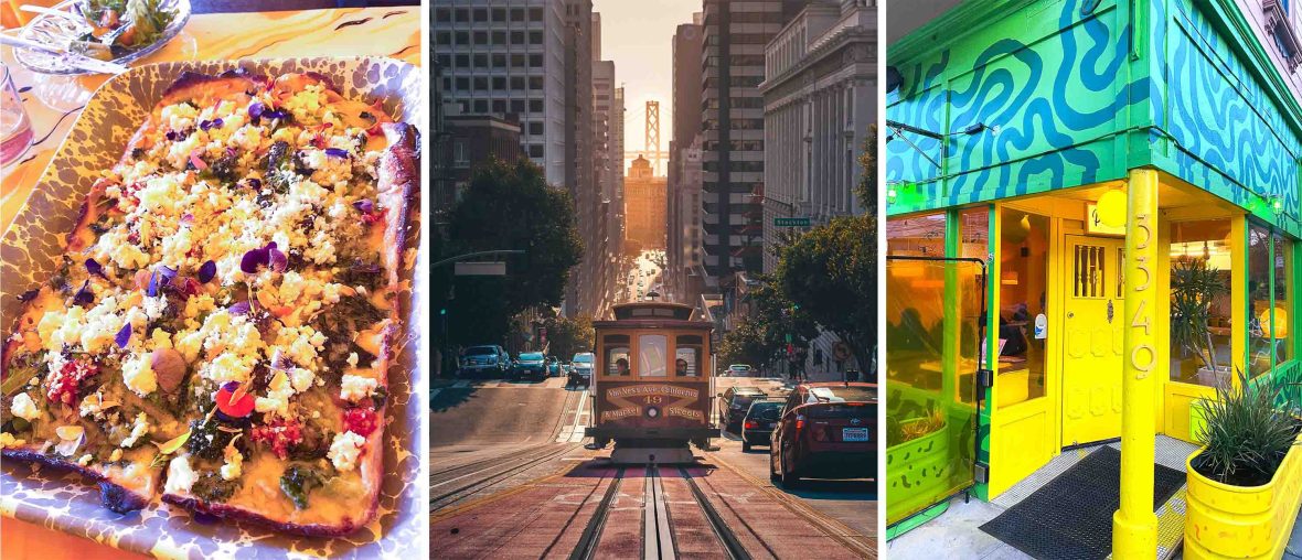 Left: A dish of food. Middle: A tram in a street. Right: A yellow and green building.