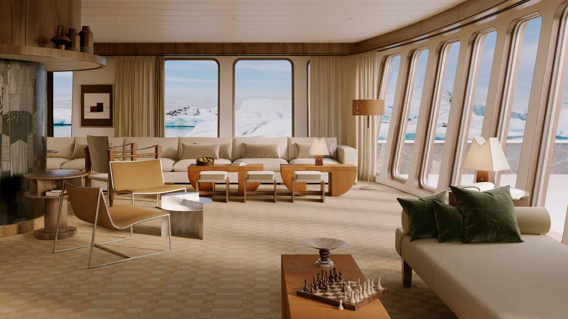 A lounge space on a boat with cream toned couches and small tables.