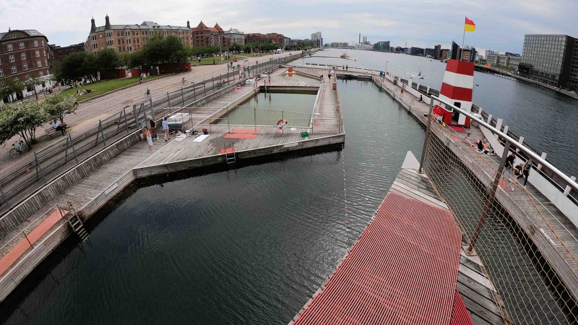 A marked off off river swimming area.