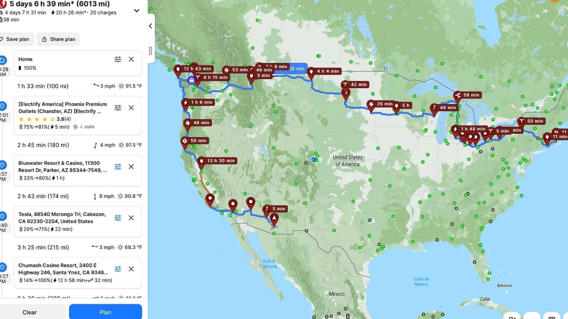 A map route from Tucson, Arizona, to Plymouth, Massachusetts. The route follows the coast of California and goes all the way to Canada before extending east.