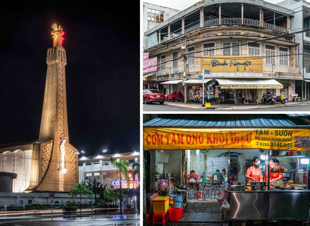 Left: A cathedral lit up at night. Top: The exterior of an old pre war building with a restaurant at the bottom. Bottom: A basic eatery with diners and women making food near the street.